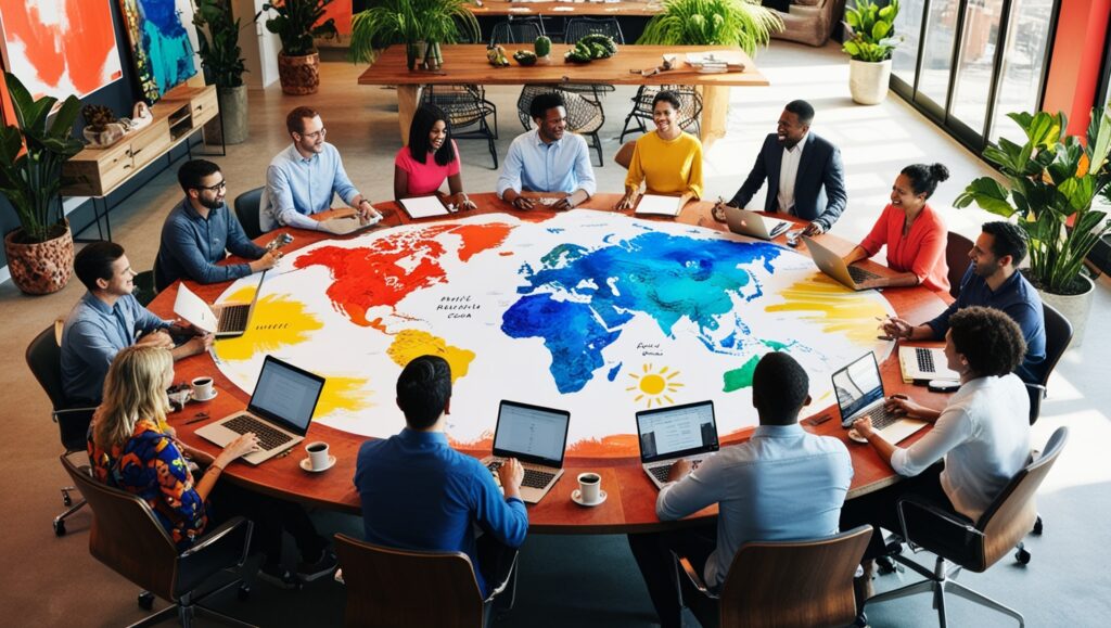 Default A diverse group of employees gathered around a vibrant